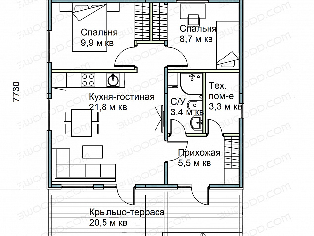 3051 - модульный дом с плоской крышей с двумя спальнями