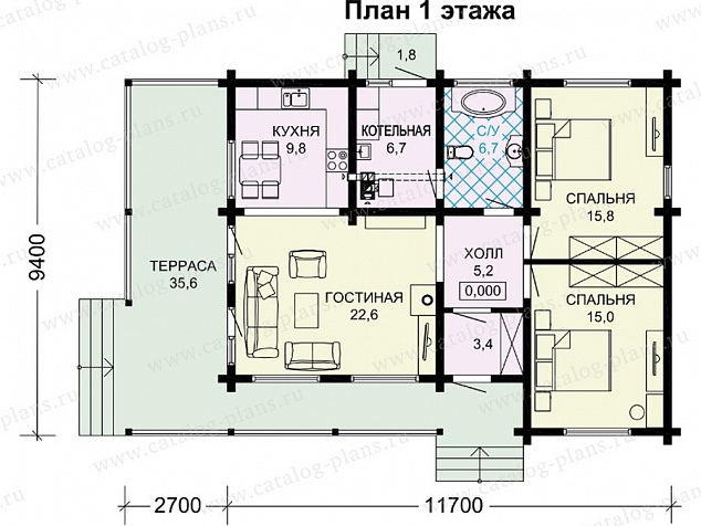 1389-2 - Небольшой одноэтажный дом из двойного бруса 3WOODD