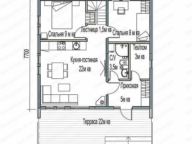 3052 - Модульный классический дом с двумя спальнями и лофтом