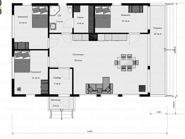 7033 - Каркасный одноэтажный дом с тремя спальнями и большой гостиной