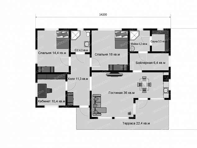7032 - Одноэтажный каркасный дом с сауной