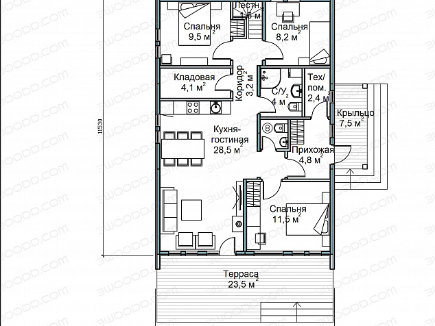 3076 - Модульный классический дом с тремя спальнями и лофтом