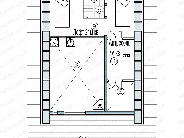 3052 - Модульный классический дом с двумя спальнями и лофтом