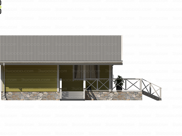 3075 - Одноэтажный финский каркасный дом с террасой и сауной